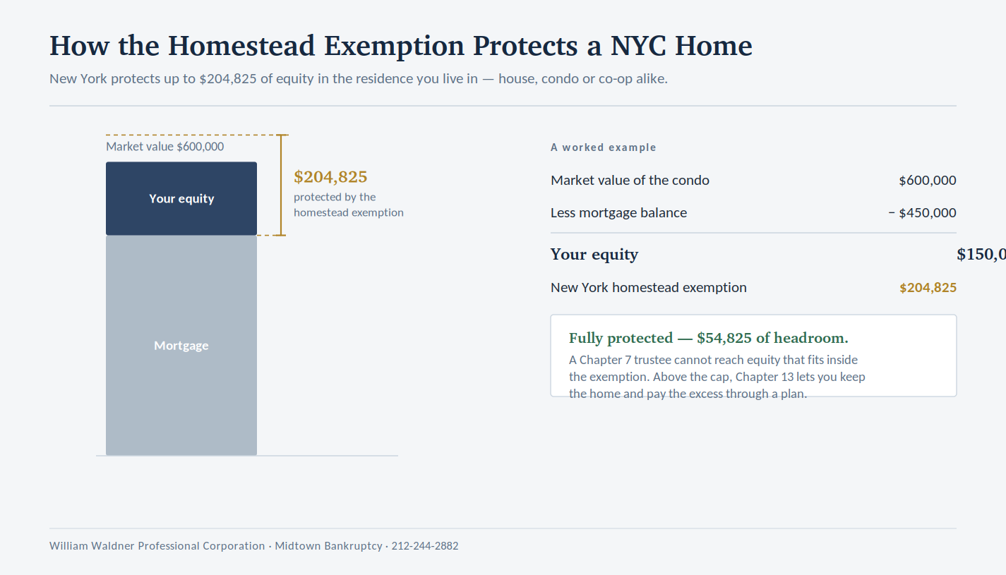 Diagram showing how New York's $204,825 homestead exemption protects the equity in a NYC condo