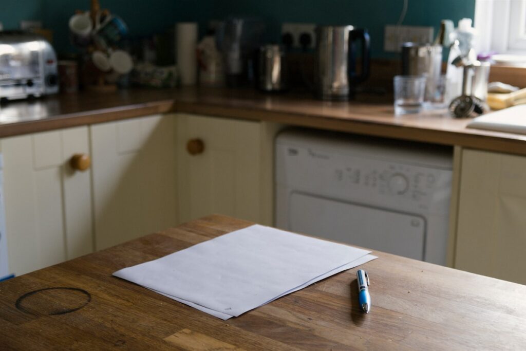 Collection letters and a pen on a kitchen table, representing New York City debt collection notices under the new DCWP rules